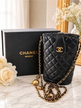Black Diamond Quilted Leather Bucket Bag with Gold Chain